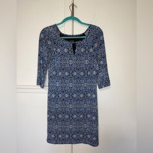 Laundry By Shelli Segal Blue and Black Long-Sleeve Patterned Dress XS